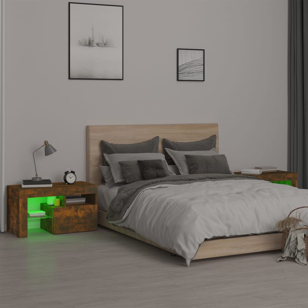 Comodini 2 pz con Luci LED Rovere Fumo 70x36,5x40 cm - homemem39