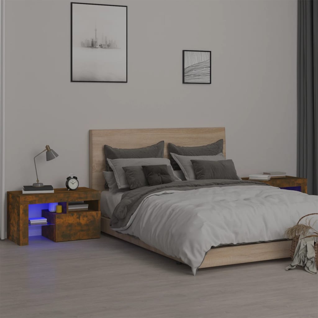 Comodini 2 pz con Luci LED Rovere Fumo 70x36,5x40 cm - homemem39