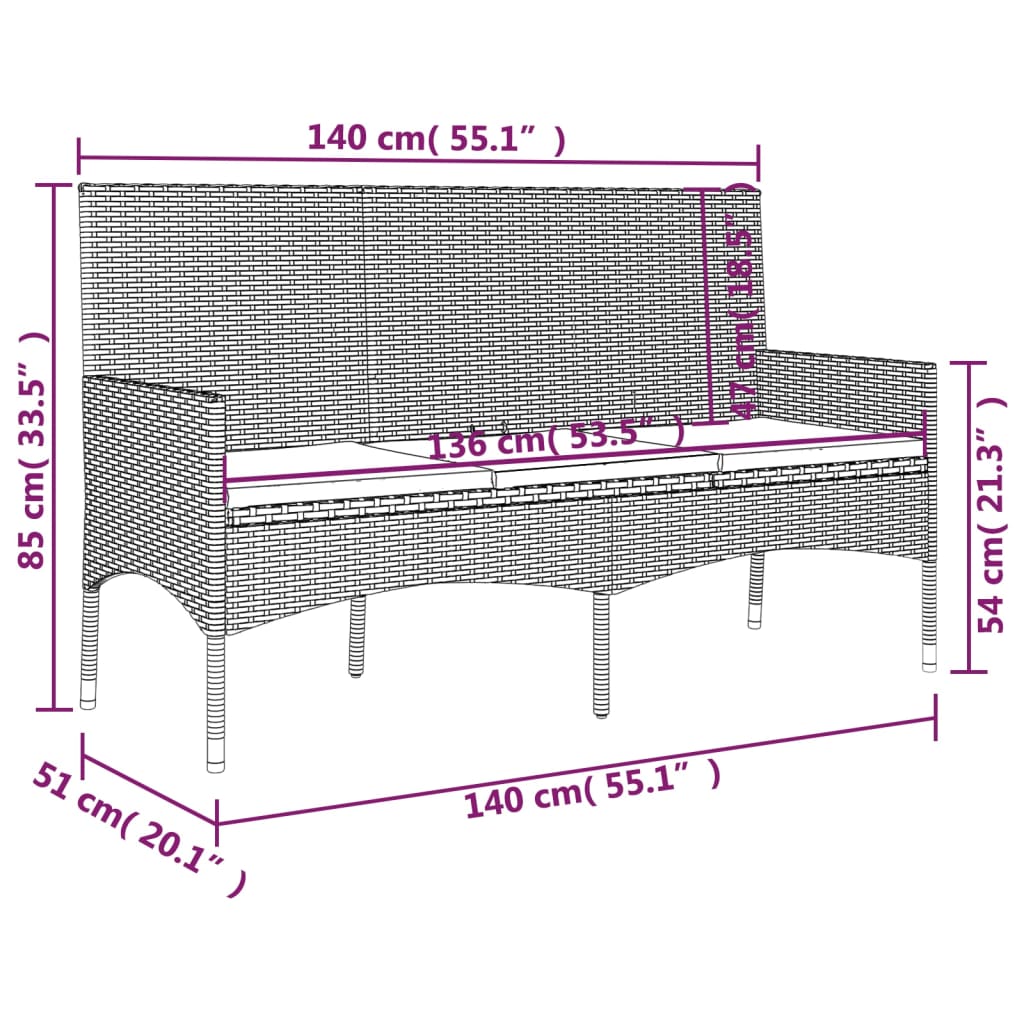 Panca da Giardino a 3 Posti con Cuscini in Polyrattan Grigio - homemem39