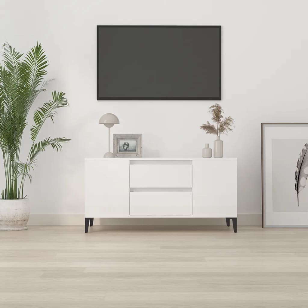 Mobile Porta TV Bianco Lucido 102x44,5x50 cm Legno Multistrato - homemem39