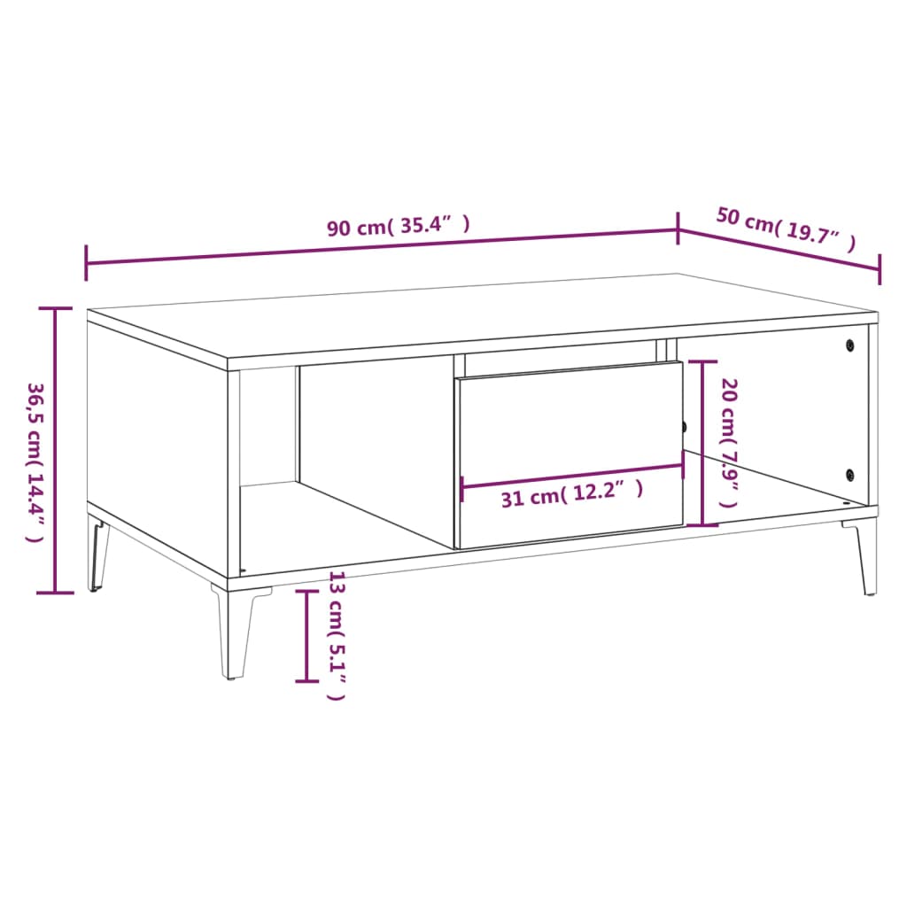 Tavolino da Salotto Bianco 90x50x36,5 cm in Legno Multistrato - homemem39