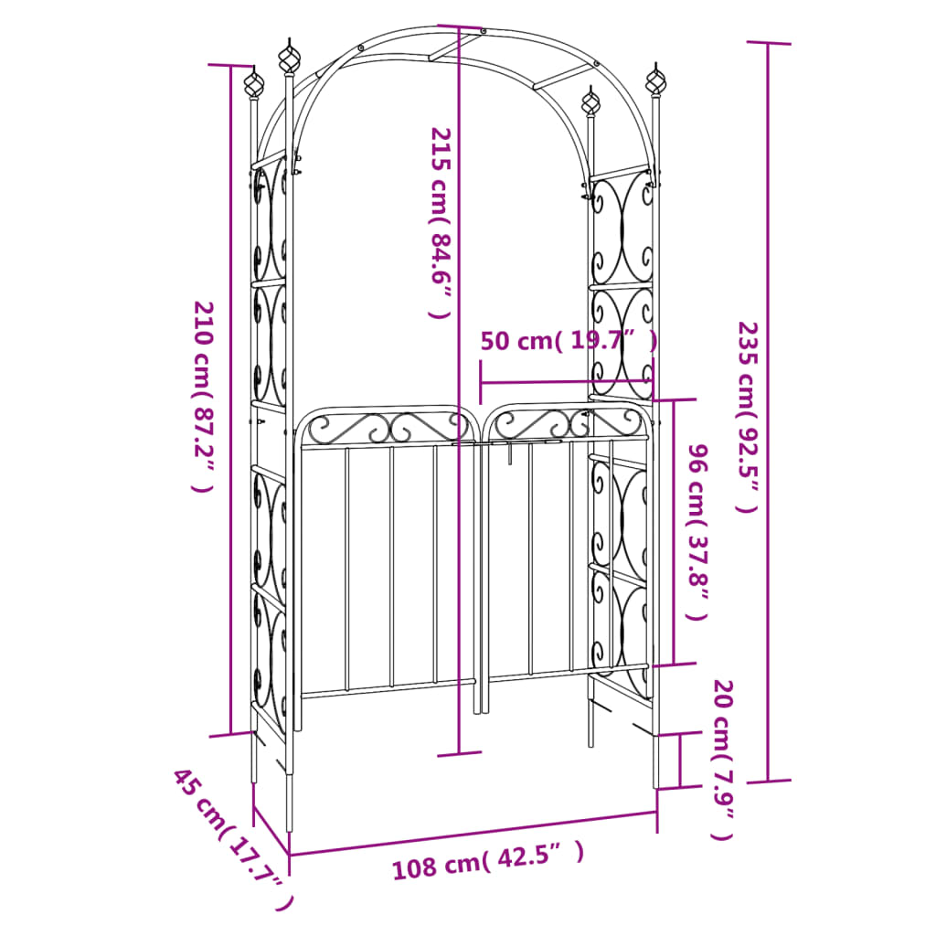 Arco da Giardino con Cancello Nero 108x45x235 cm Acciaio - homemem39