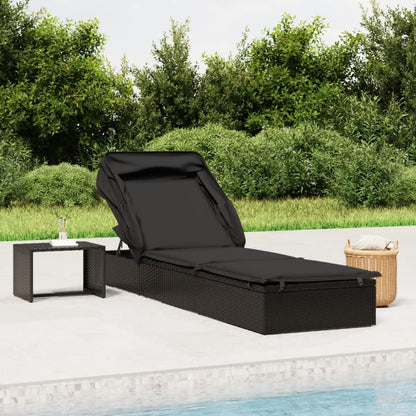 Lettino con Tetto Pieghevole Nero 213x63x97 cm Polyrattan - homemem39