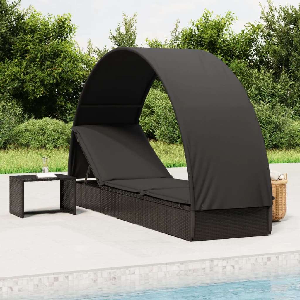 Lettino con Tetto Rotondo Nero 211x57x140 cm Polyrattan - homemem39