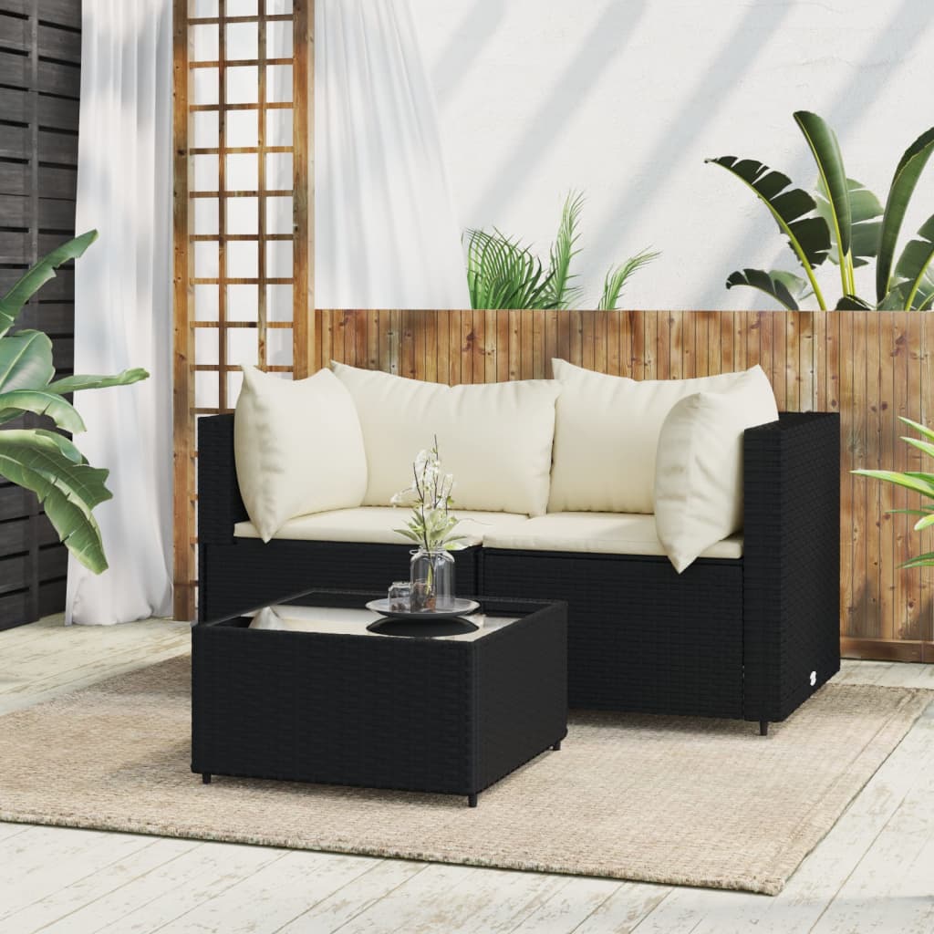 Set Divani da Giardino 3 pz con Cuscini Nero in Polyrattan - homemem39