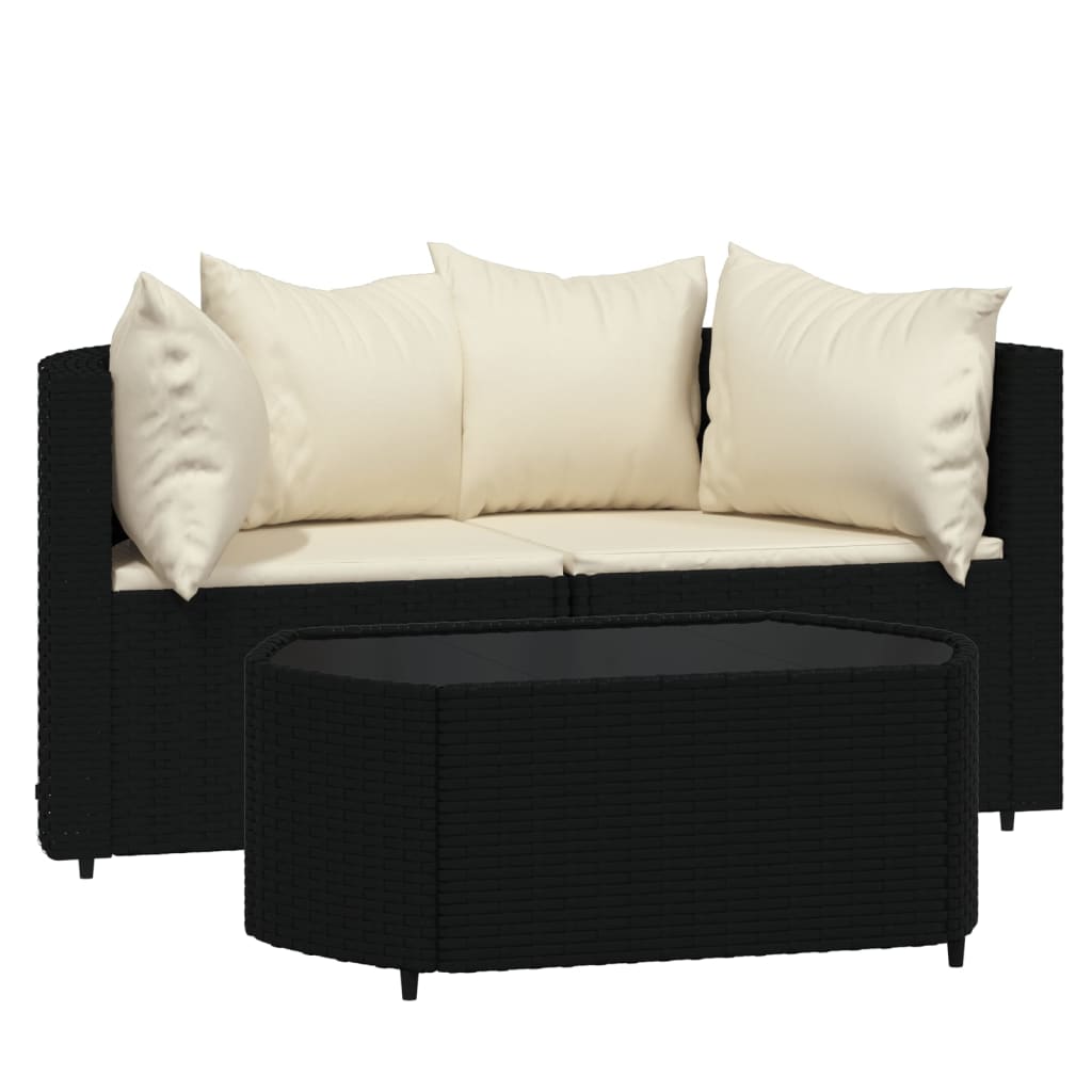 Set Divani da Giardino 3 pz con Cuscini Nero in Polyrattan - homemem39