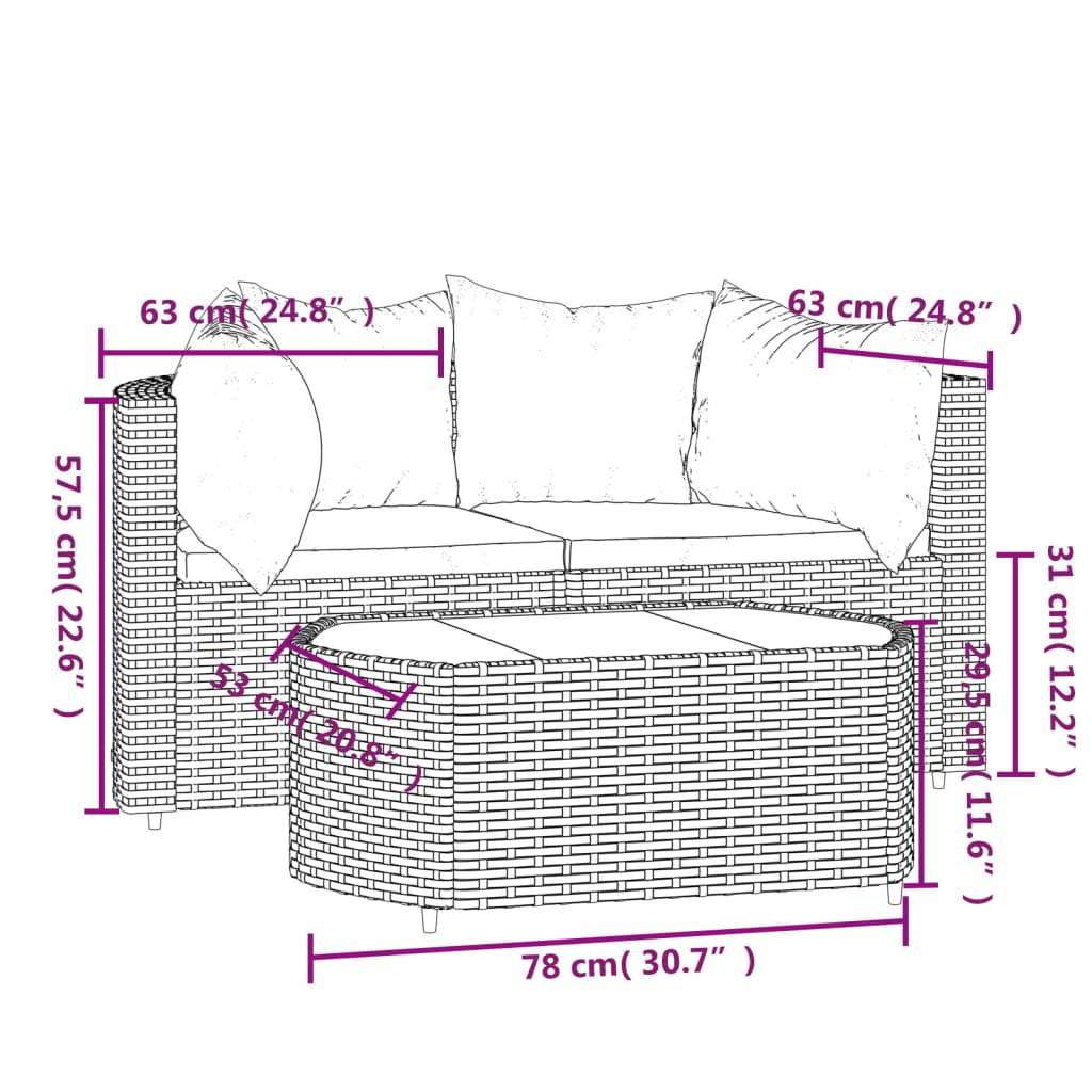 Set Divani da Giardino 3 pz con Cuscini Nero in Polyrattan - homemem39