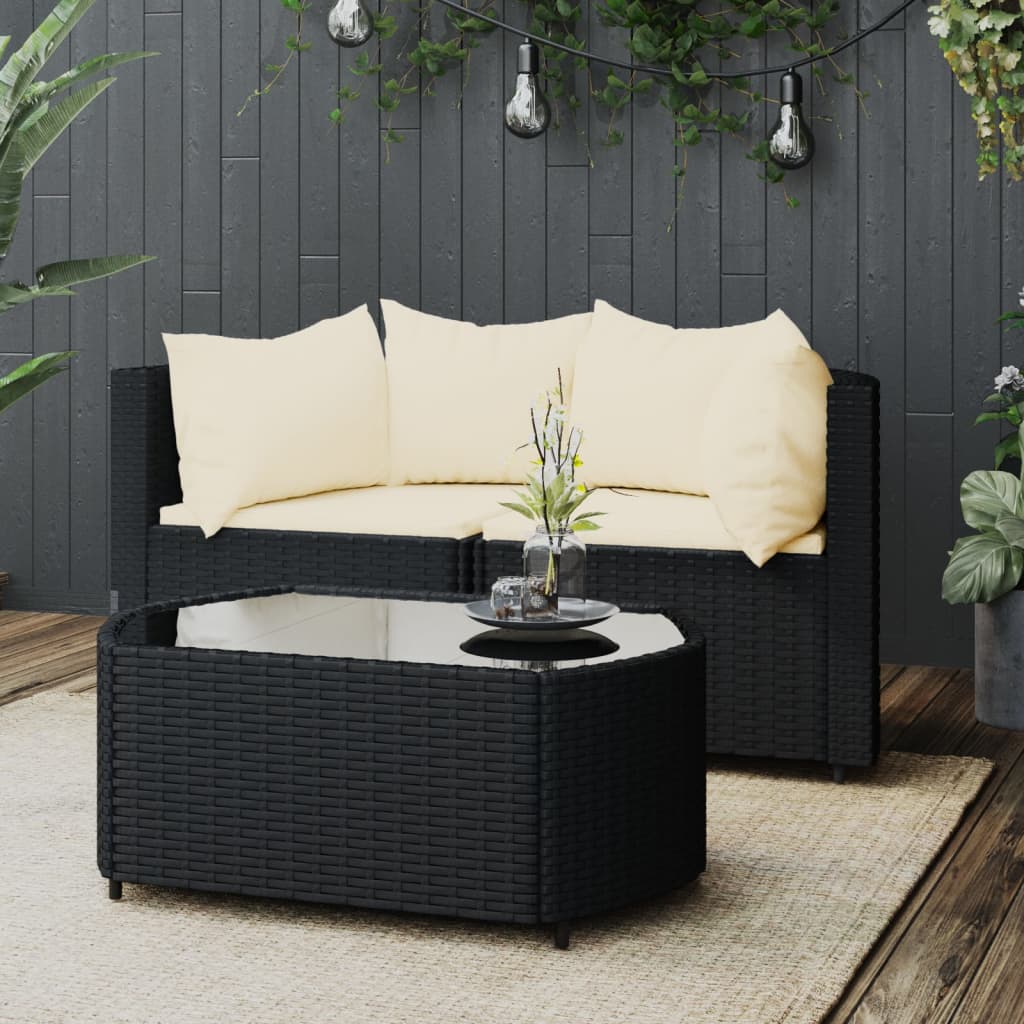 Set Divani da Giardino 3 pz con Cuscini Nero in Polyrattan - homemem39