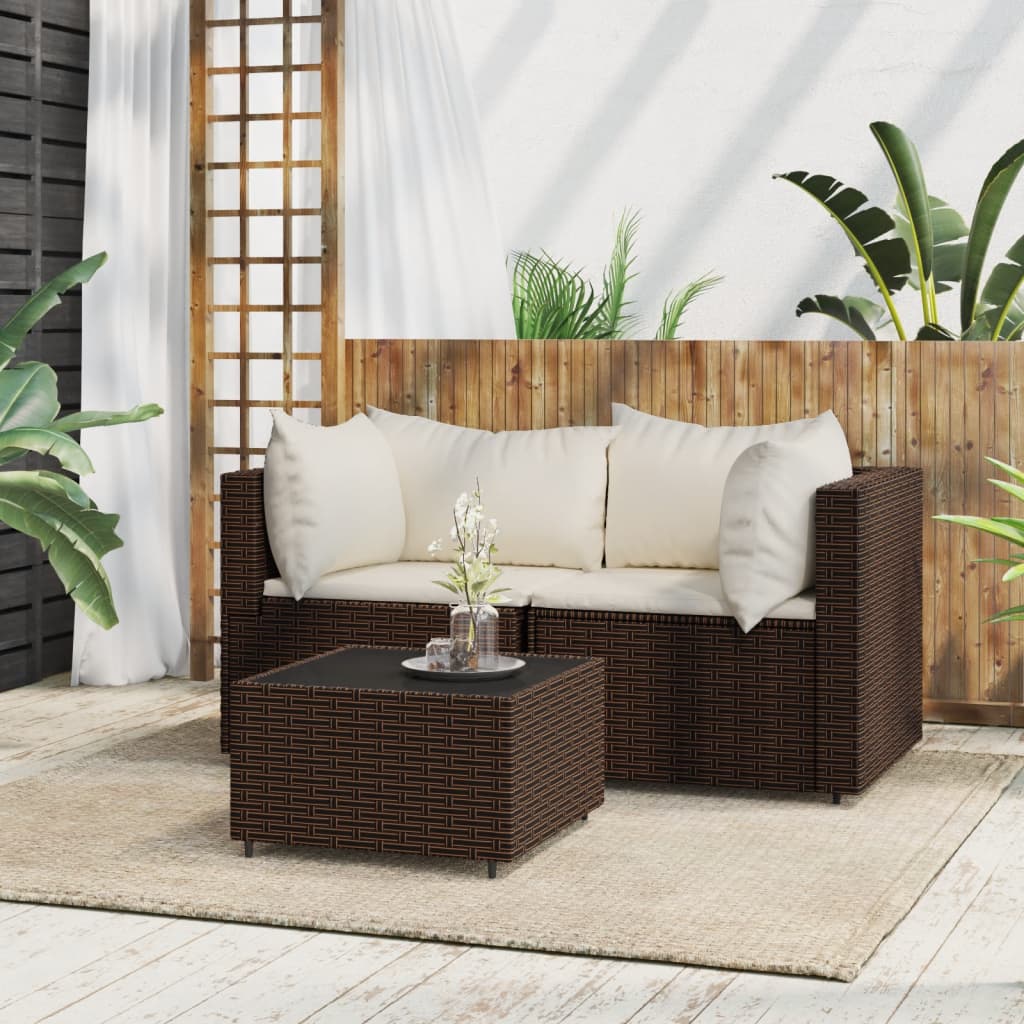 Set Mobili da Giardino 3 pz con Cuscini in Polyrattan Marrone - homemem39