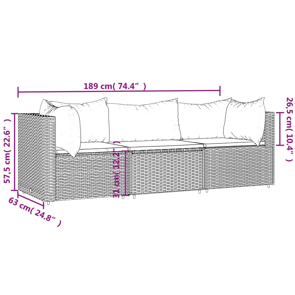 Set Mobili da Giardino 3 pz con Cuscini in Polyrattan Marrone - homemem39