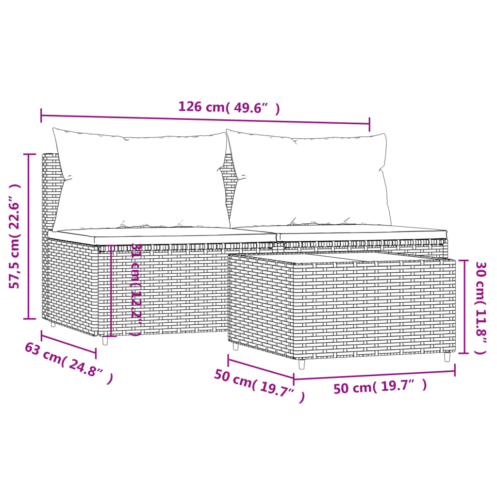 Set Mobili da Giardino 3 pz con Cuscini in Polyrattan Marrone - homemem39