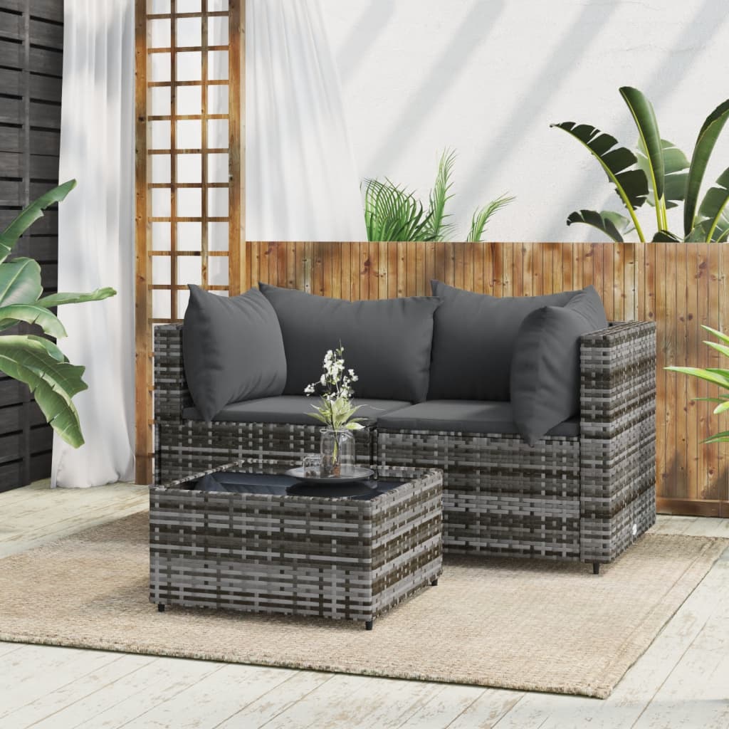 Set Divani da Giardino 3 pz con Cuscini in Polyrattan Grigio - homemem39