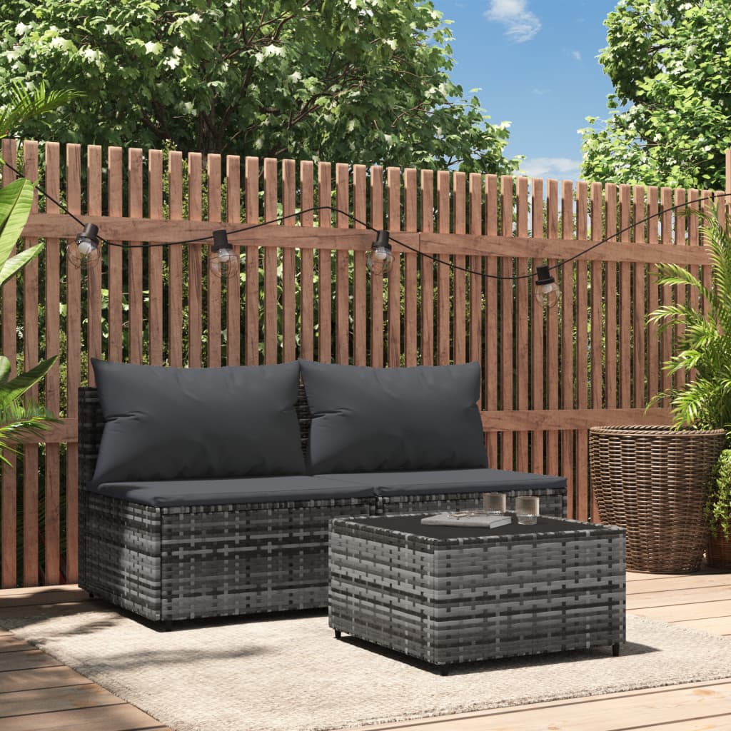 Set Divani da Giardino 3 pz con Cuscini in Polyrattan Grigio - homemem39