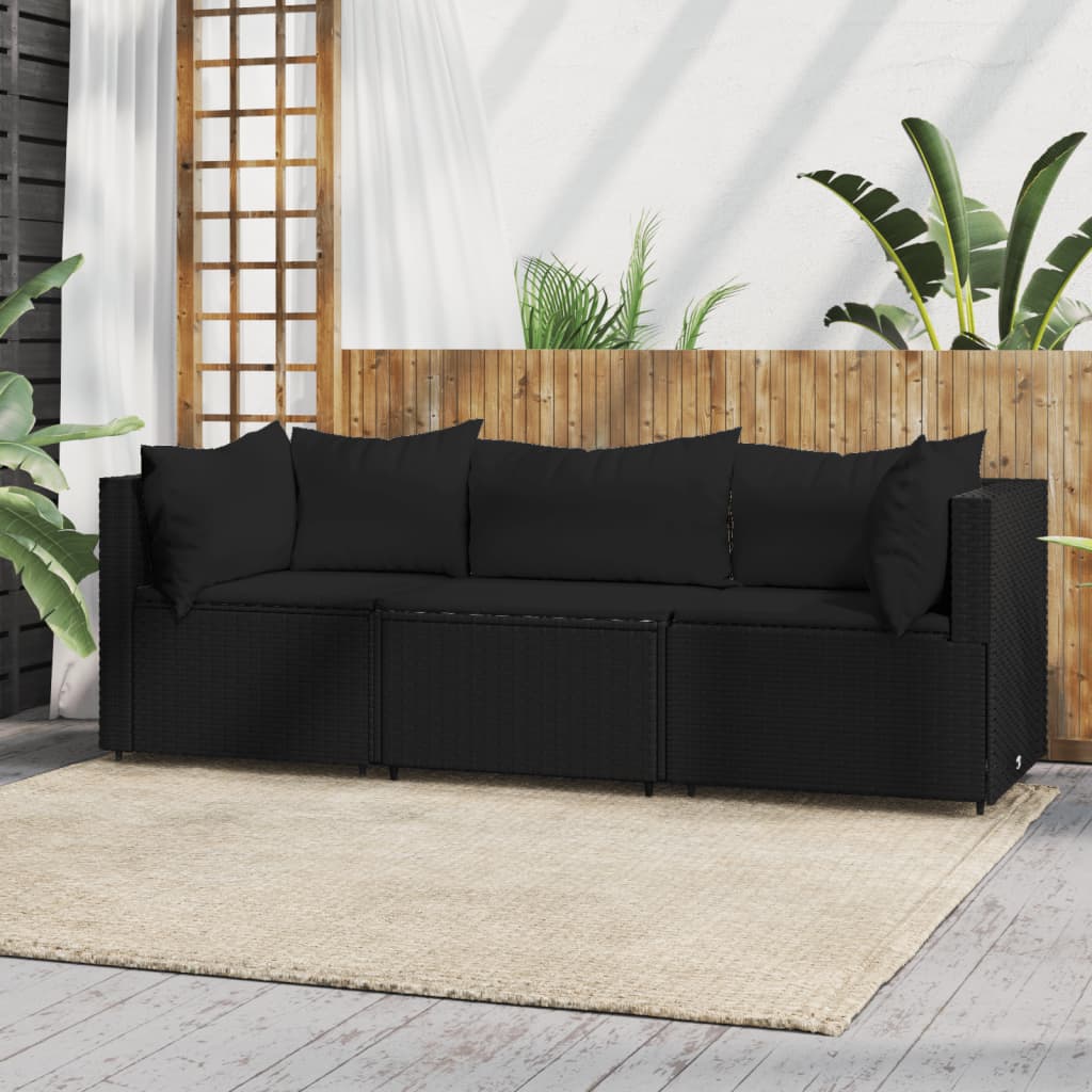 Set Divani da Giardino 3 pz con Cuscini Nero in Polyrattan - homemem39