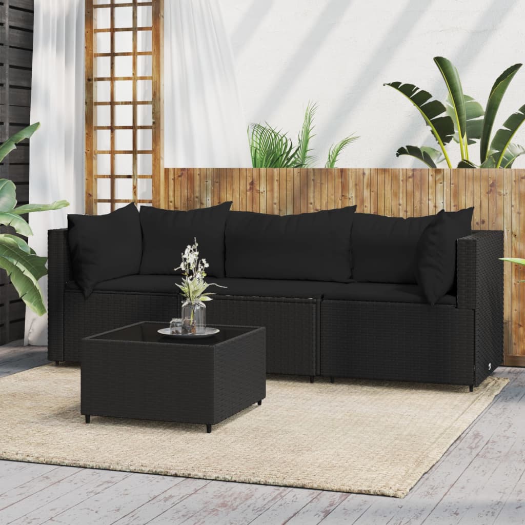 Set Divani da Giardino 4 pz con Cuscini Nero in Polyrattan - homemem39