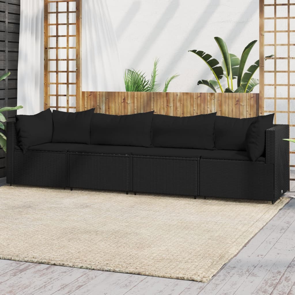 Set Divani da Giardino 4 pz con Cuscini Nero in Polyrattan - homemem39