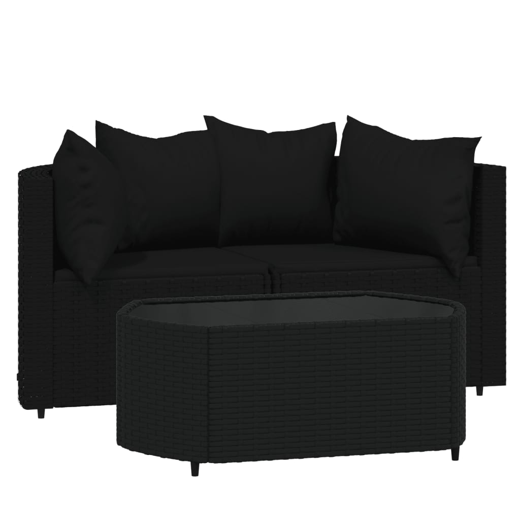 Set Divani da Giardino 3 pz con Cuscini Nero in Polyrattan - homemem39