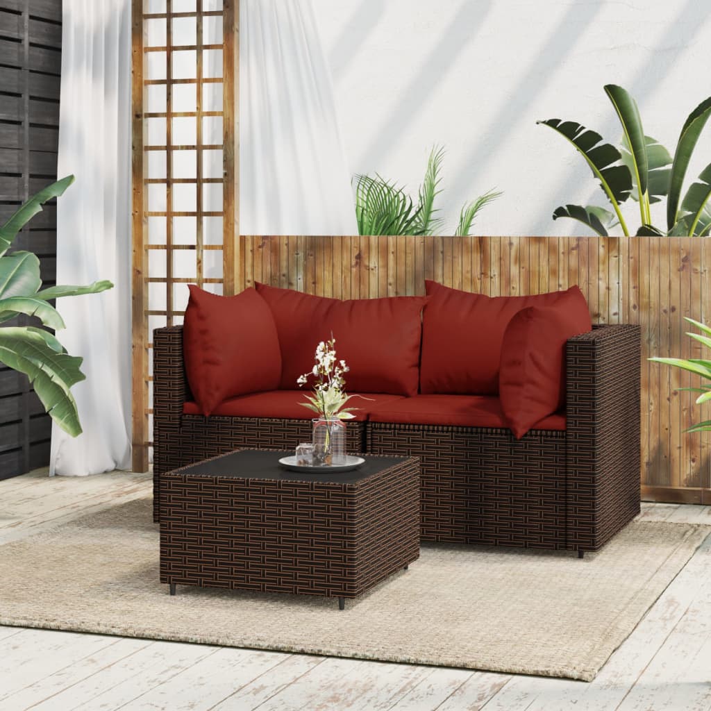 Set Mobili da Giardino 3 pz con Cuscini in Polyrattan Marrone - homemem39