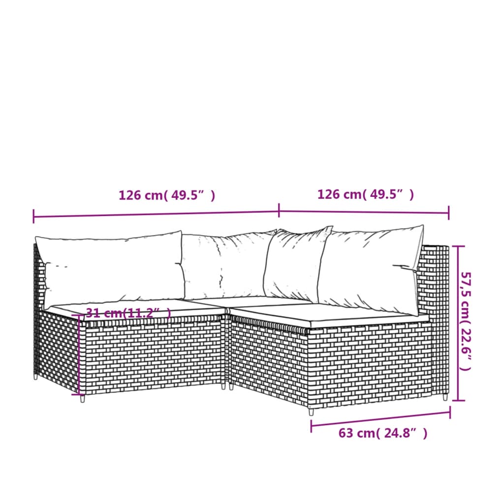 Set Mobili da Giardino 3 pz con Cuscini in Polyrattan Marrone - homemem39