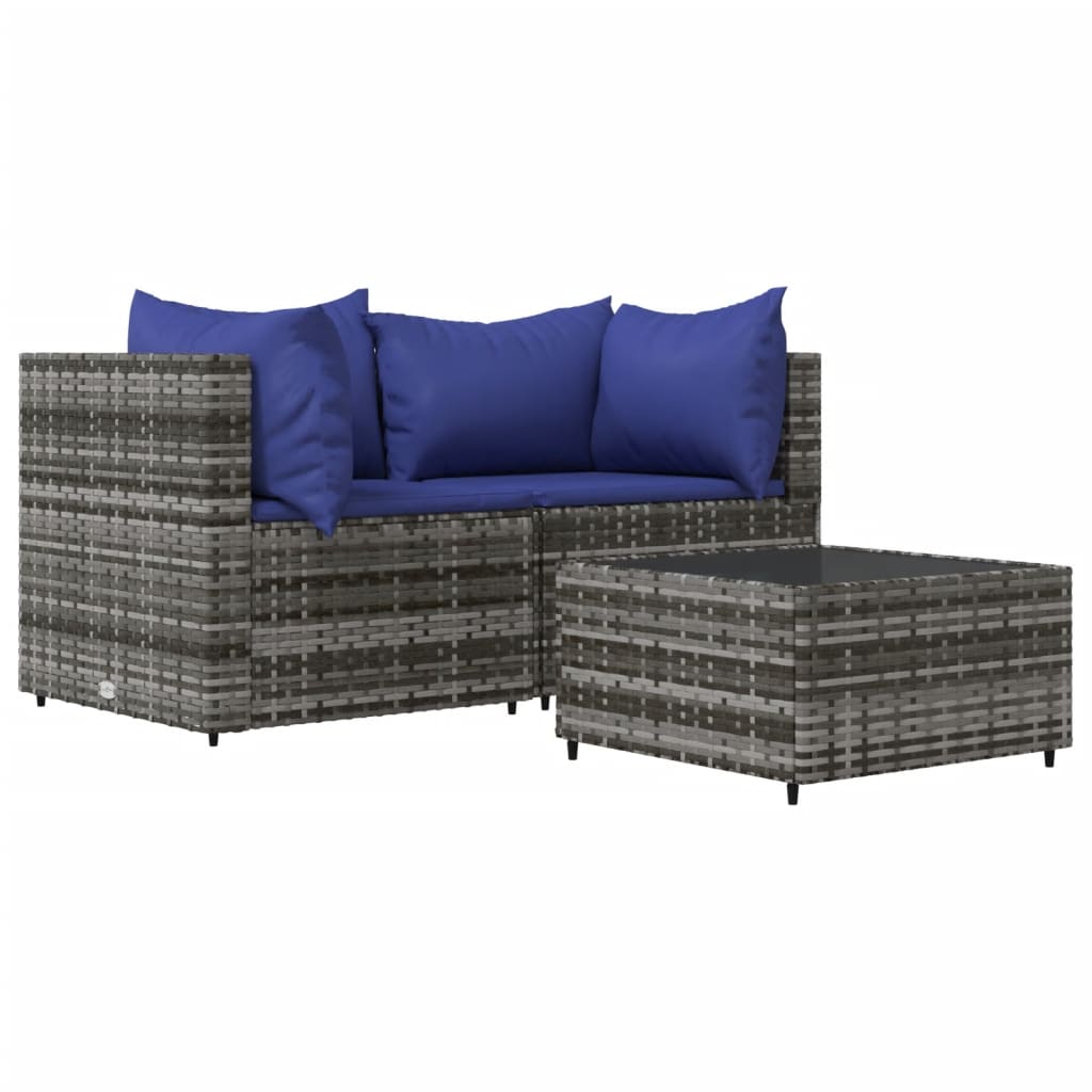 Set Divani da Giardino 3 pz con Cuscini in Polyrattan Grigio - homemem39