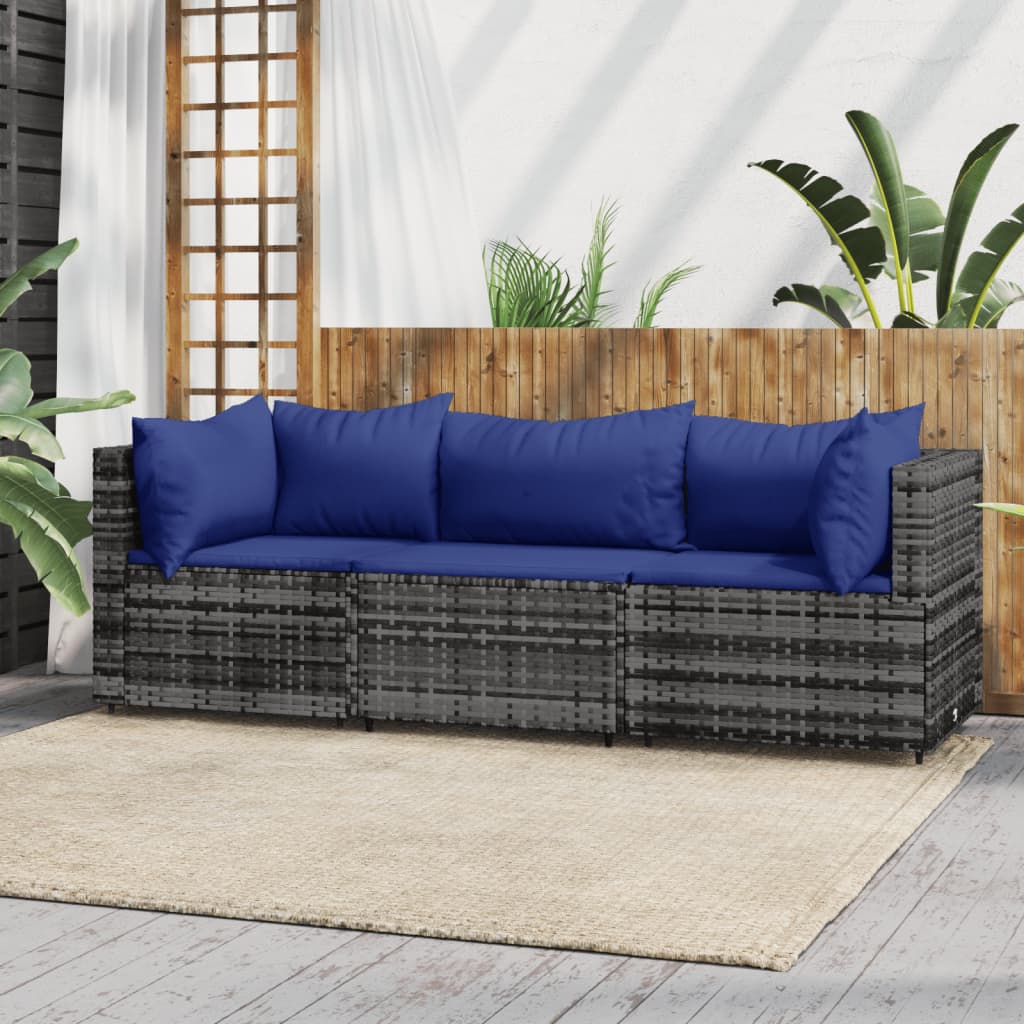 Set Divani da Giardino 3 pz con Cuscini in Polyrattan Grigio - homemem39