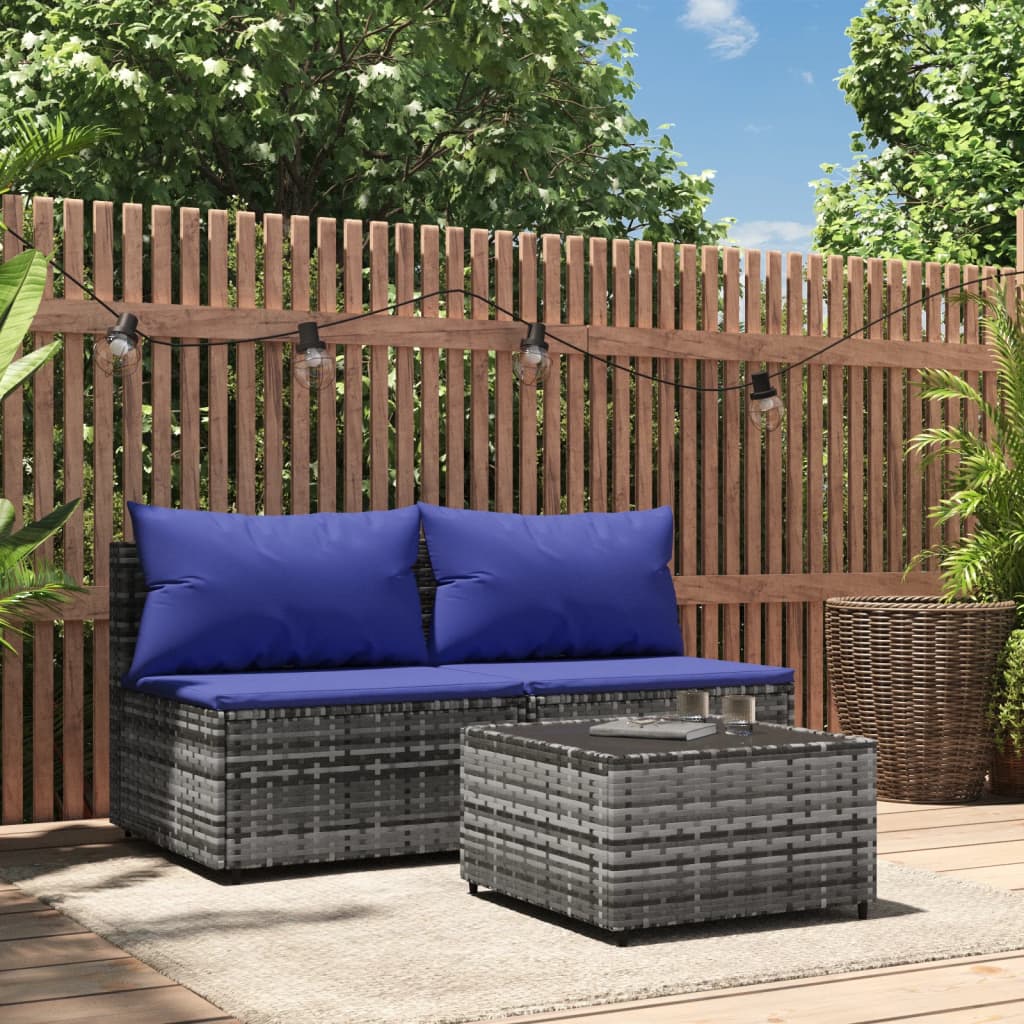 Set Divani da Giardino 3 pz con Cuscini in Polyrattan Grigio - homemem39