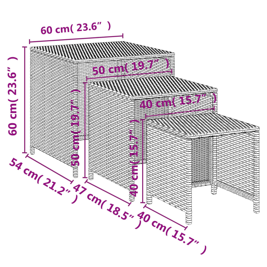 Tavolini Impilabili 3 pz Marroni in Polyrattan - homemem39