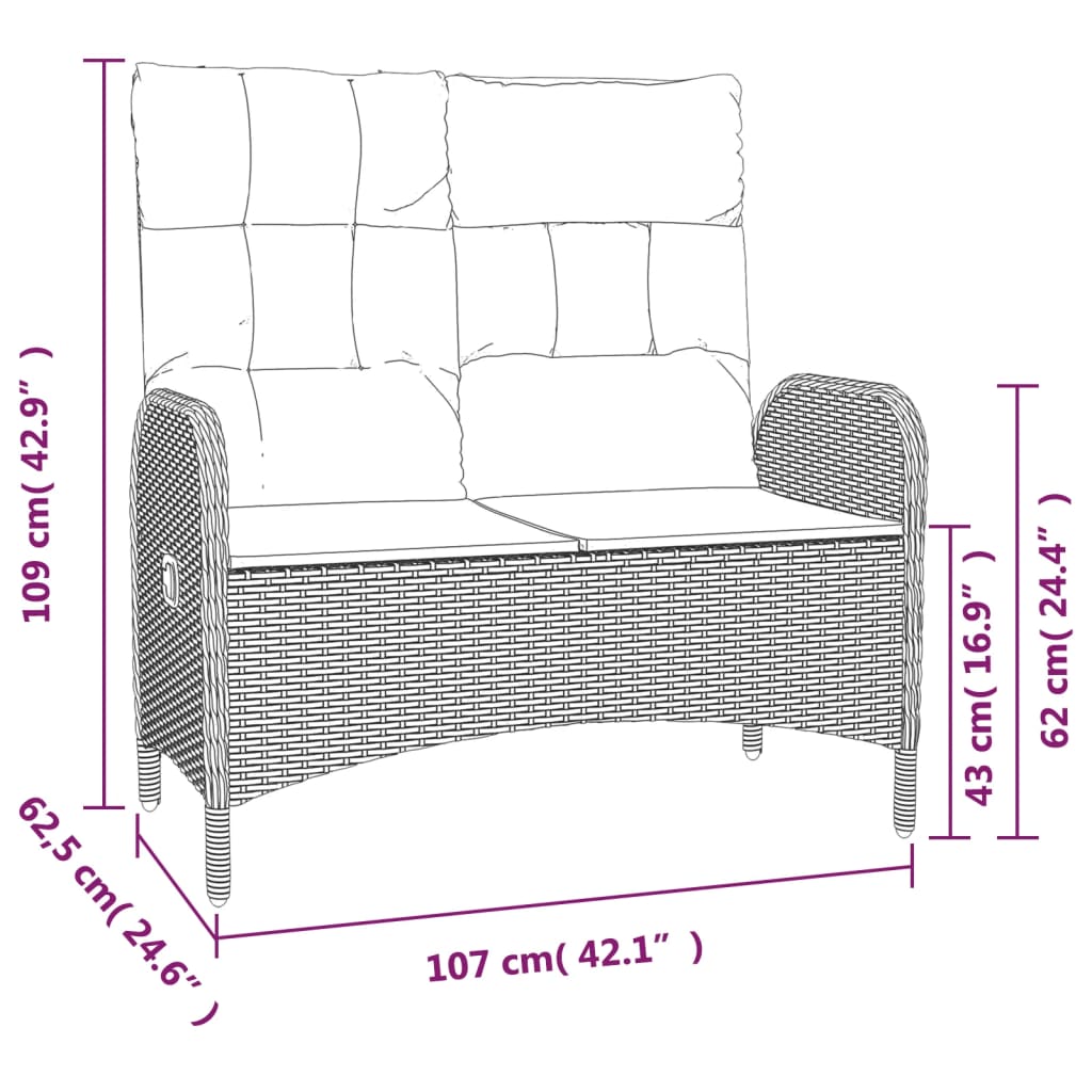 Panca Reclinabile da Giardino Cuscini 107 cm Polyrattan Grigia - homemem39