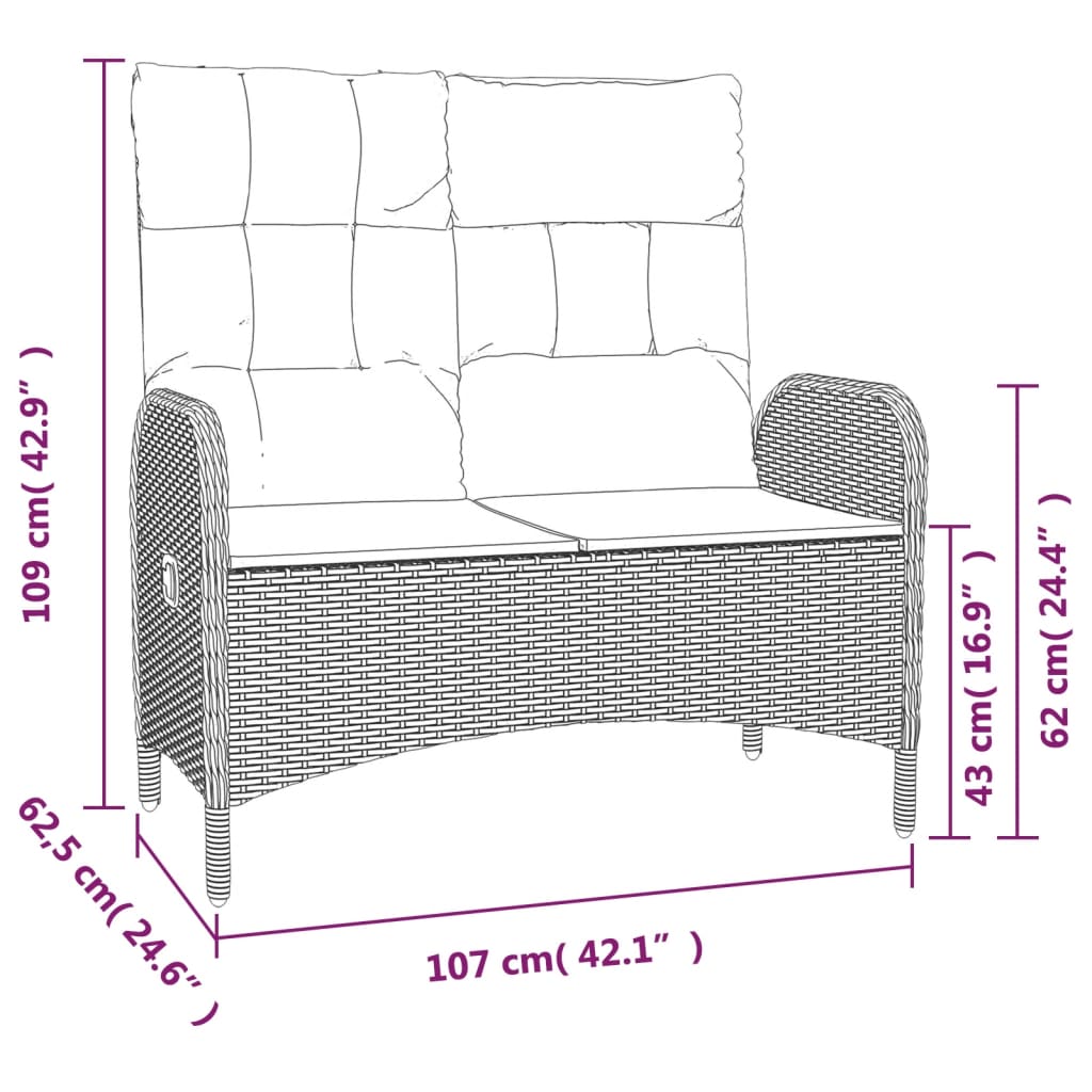 Panca Reclinabile da Giardino con Cuscini 107cm Polyrattan Nera - homemem39