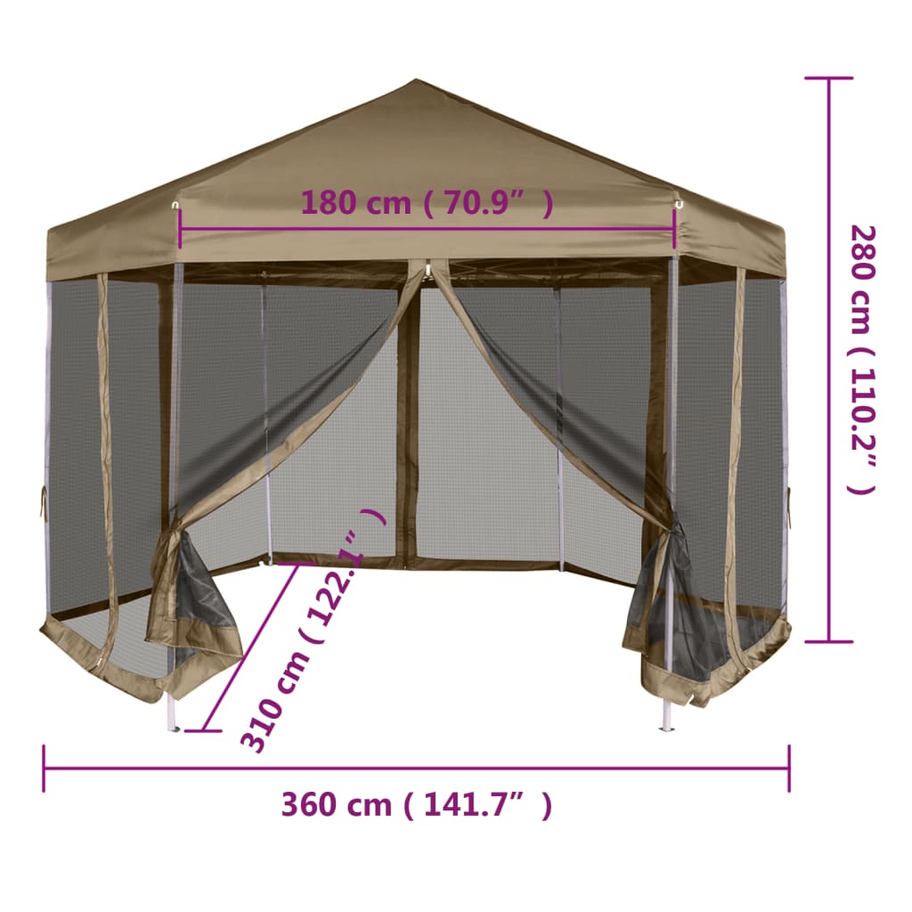 Tendone Esagono Pop-Up Pareti Laterali 3,6x3,1m Tortora 220g/m² - homemem39