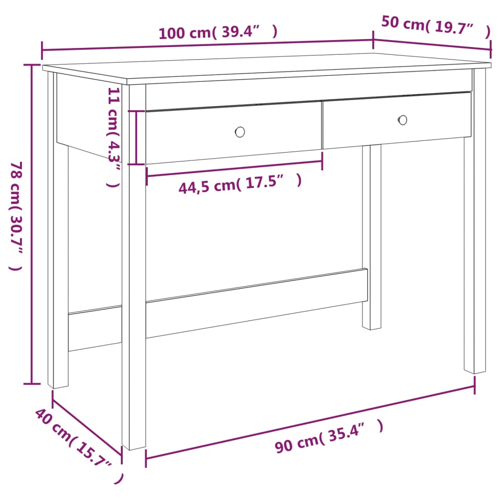 Scrivania con Cassetti Nera 100x50x78 cm Legno Massello di Pino - homemem39