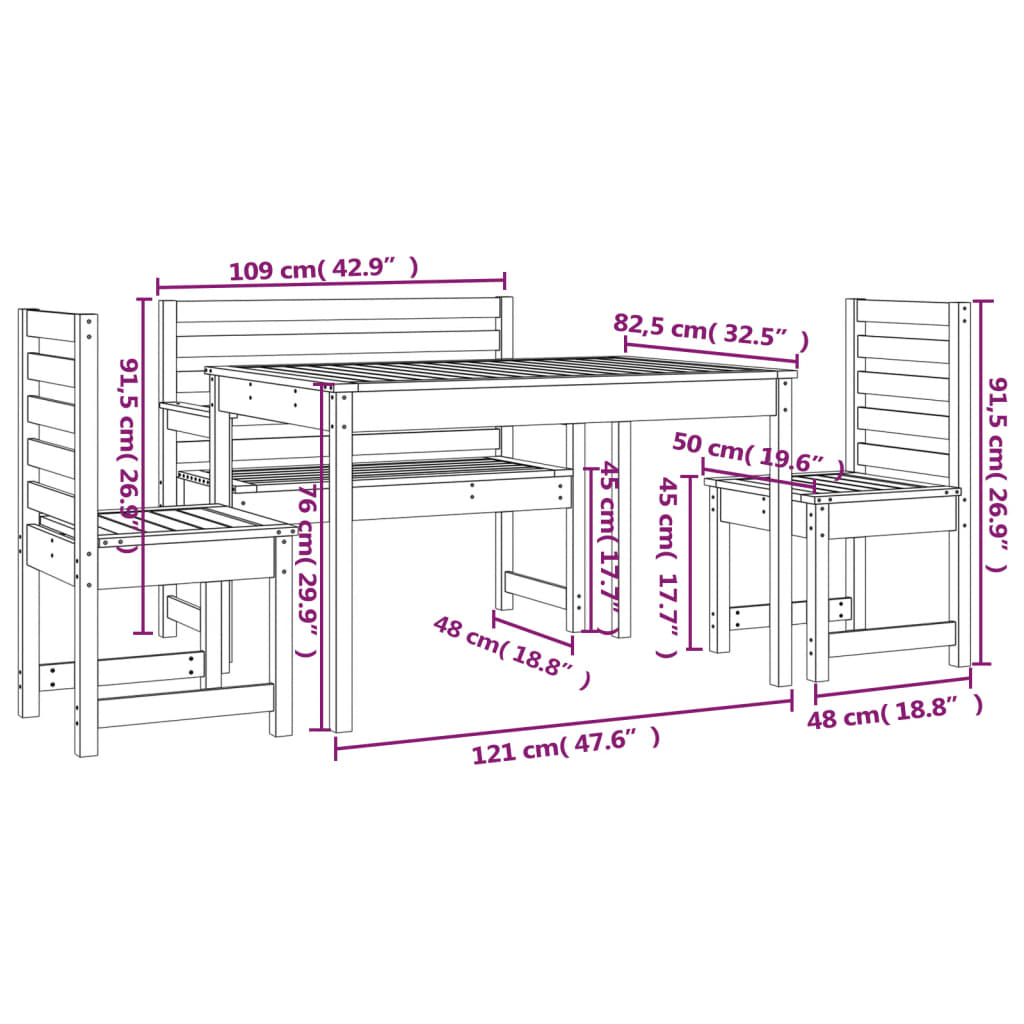 Set da Pranzo per Giardino 4pz Nero in Legno Massello di Pino - homemem39