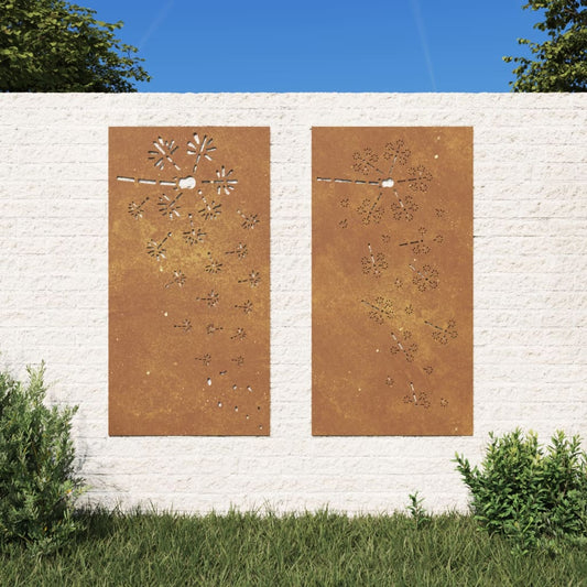 Decorazioni Muro da Giardino 2pz 105x55 cm Fiore Acciaio Corten - homemem39