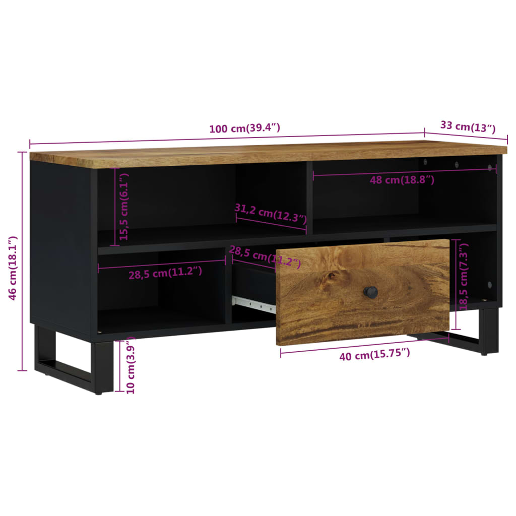 Mobile TV 100x33x46cm Legno Massello Mango e Legno Multistrato - homemem39