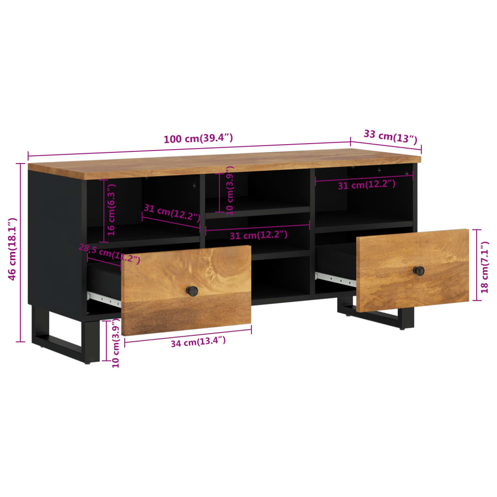 Mobile TV 100x33x46cm Legno Massello Mango e Legno Multistrato - homemem39