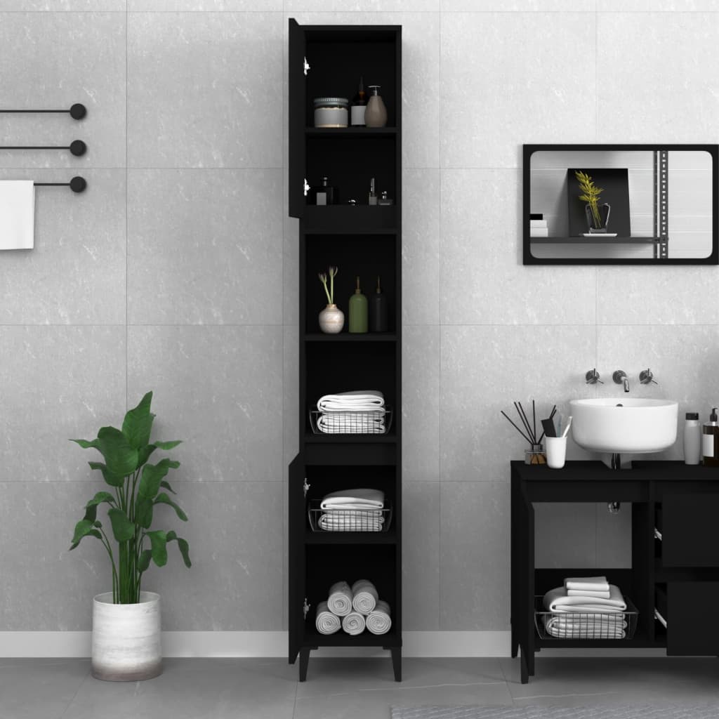 Armadietto da Bagno Nero 30x30x190 cm in Legno Multistrato - homemem39