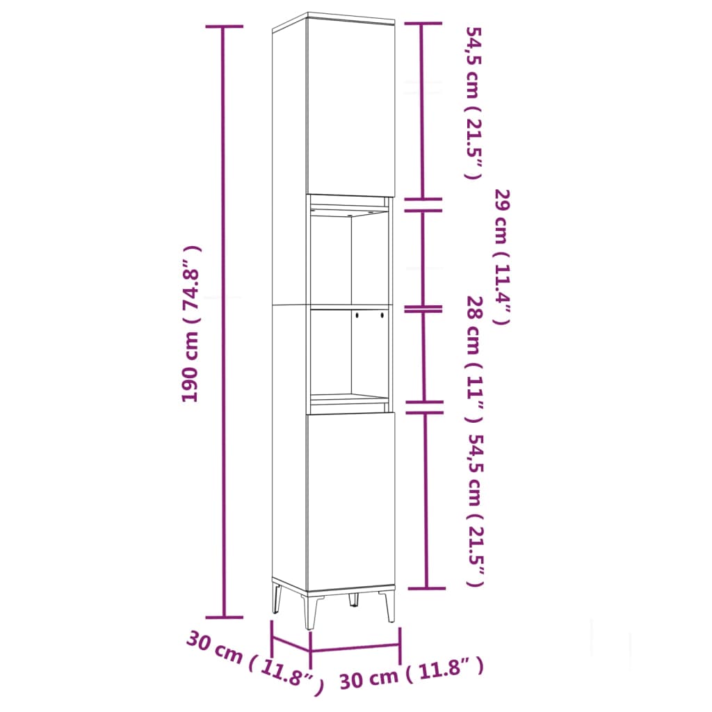 Armadietto da Bagno Nero 30x30x190 cm in Legno Multistrato - homemem39