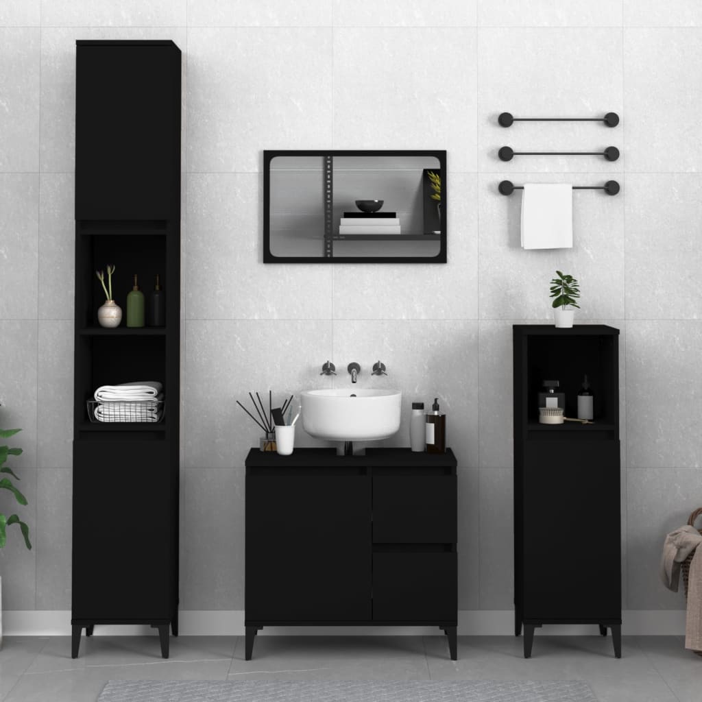 Armadietto da Bagno Nero 30x30x190 cm in Legno Multistrato - homemem39