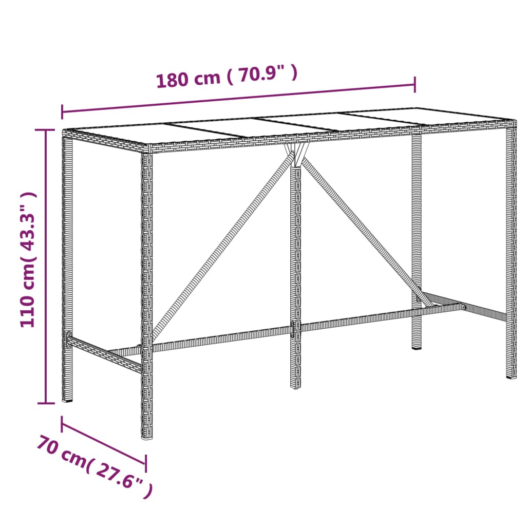 Tavolo da Bar con Piano in Vetro Grigio 180x70x110cm Polyrattan - homemem39