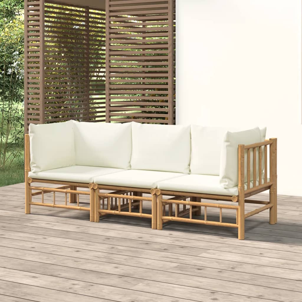 Set Salotto da Giardino 3pz con Cuscini Bianco Crema in Bambù - homemem39