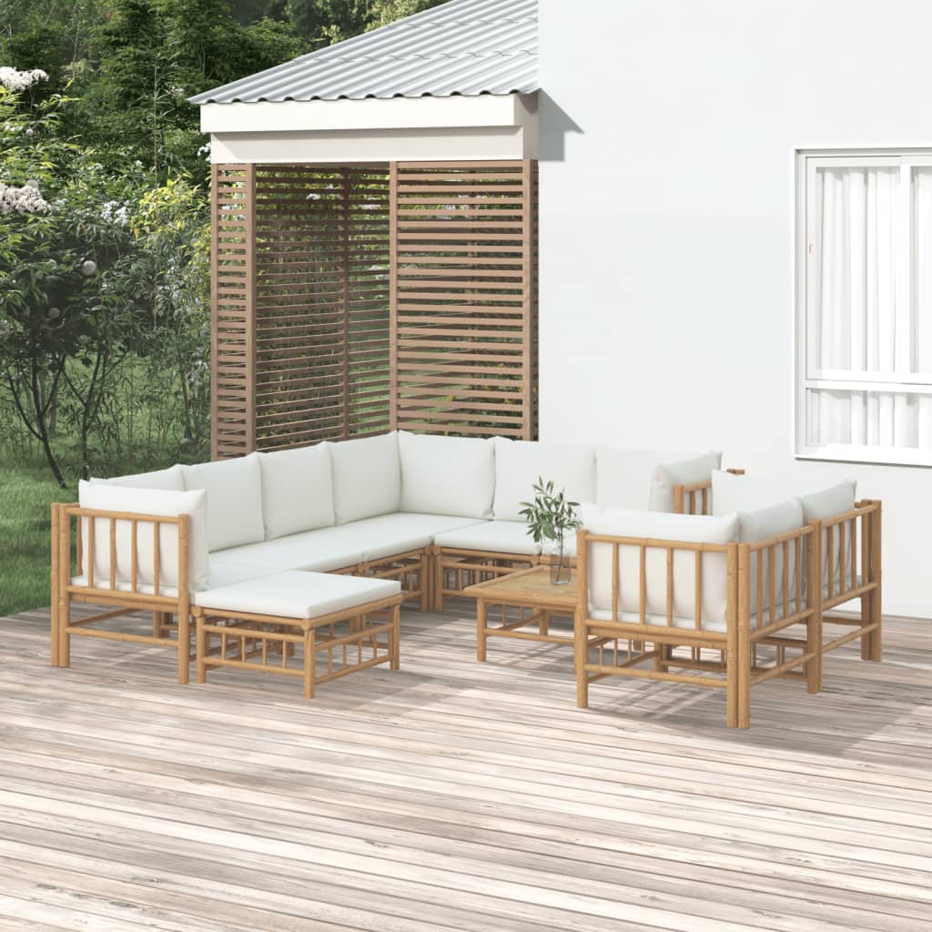 Set Salotto da Giardino 10pz con Cuscini Bianco Crema in Bambù - homemem39