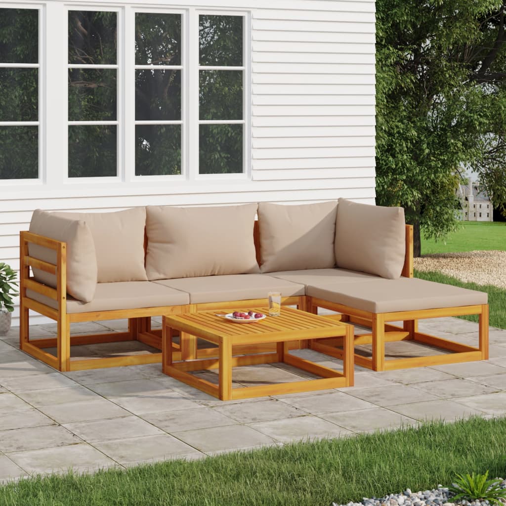 Set Salotto da Giardino 5pz con Cuscini Tortora Legno Massello - homemem39