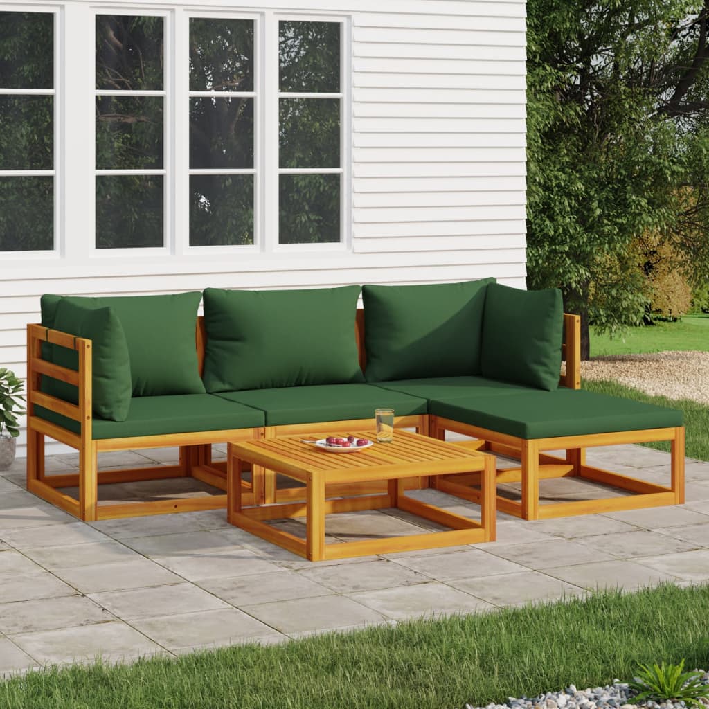 Set Salotto da Giardino 5pz con Cuscini Verdi Legno Massello - homemem39