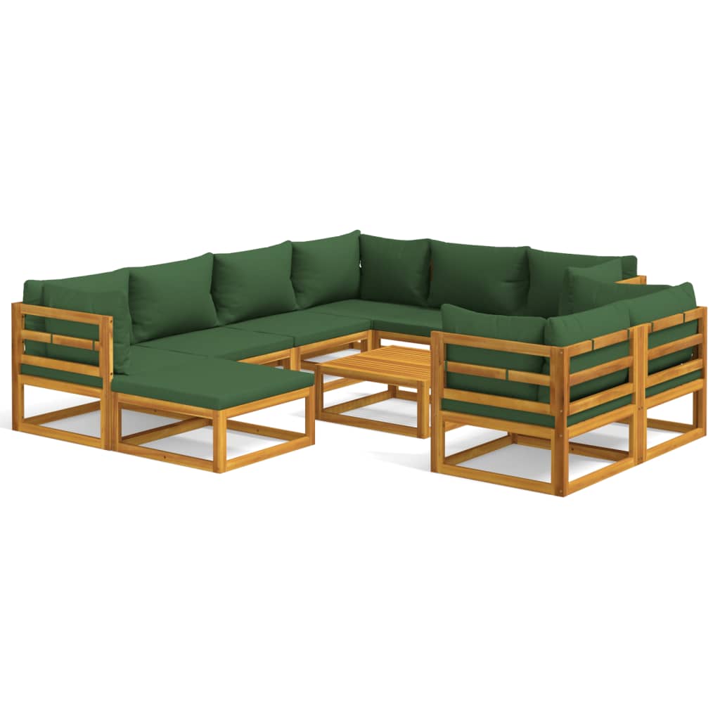 Set Salotto da Giardino 10pz con Cuscini Verdi Legno Massello - homemem39