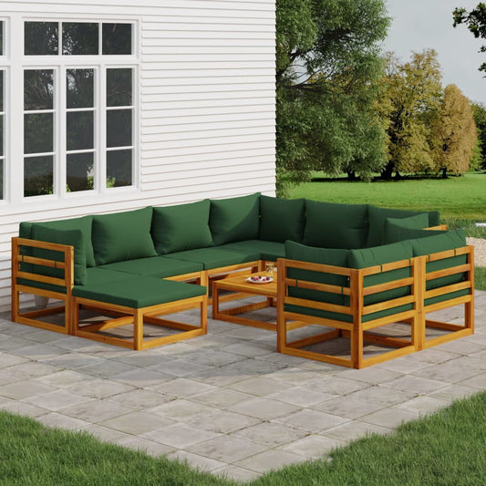 Set Salotto da Giardino 10pz con Cuscini Verdi Legno Massello - homemem39