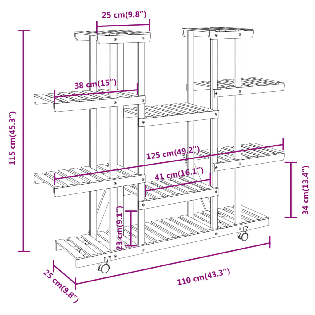 Portafiori con Ruote 110x25x115 cm in Legno Massello di Abete - homemem39