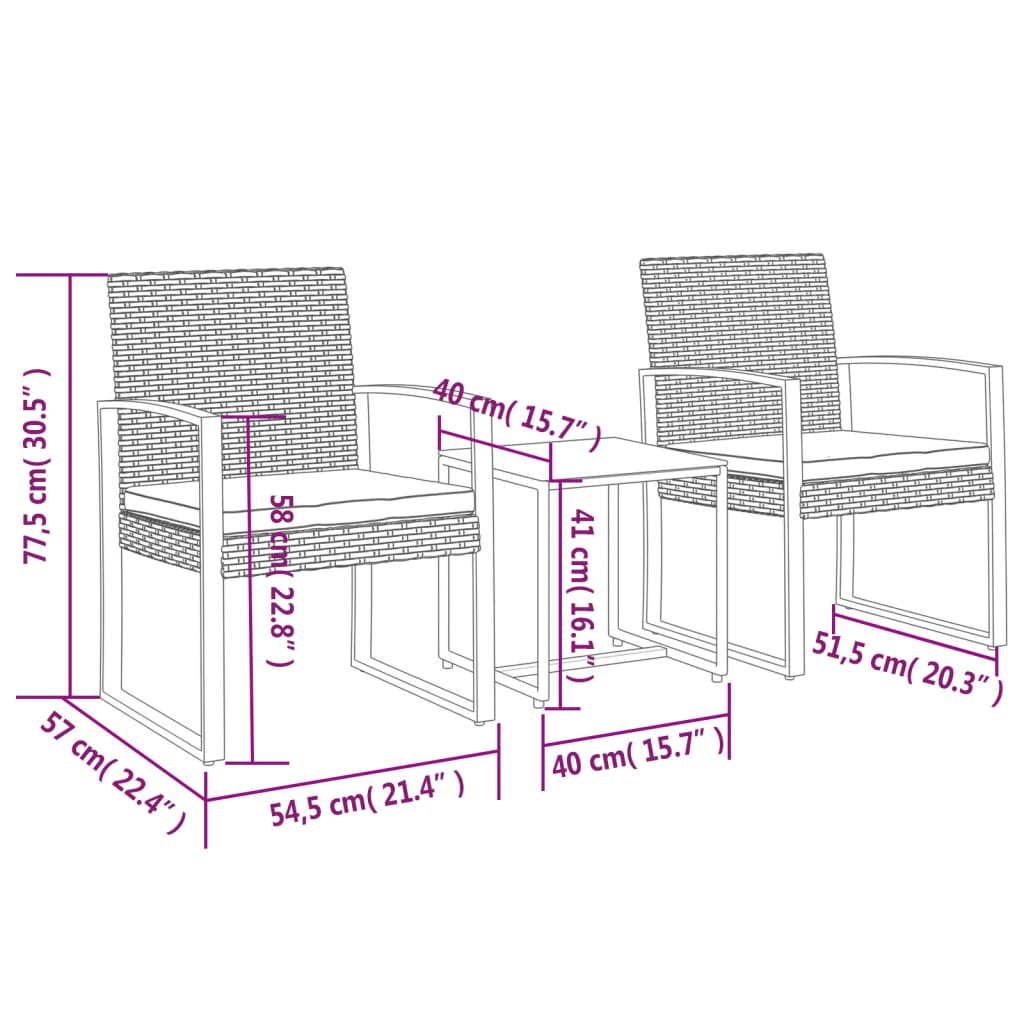 Set da Pranzo da Giardino 3 pz Nero con Cuscini in Rattan PP - homemem39