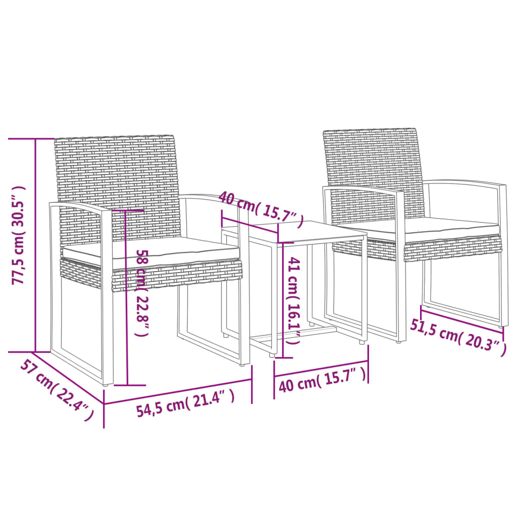 Set da Pranzo da Giardino 3 pz con Cuscini in PP Rattan Marrone - homemem39