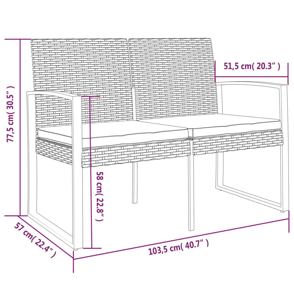 Panca da Giardino a 2 Posti con Cuscini in Rattan PP Nero - homemem39