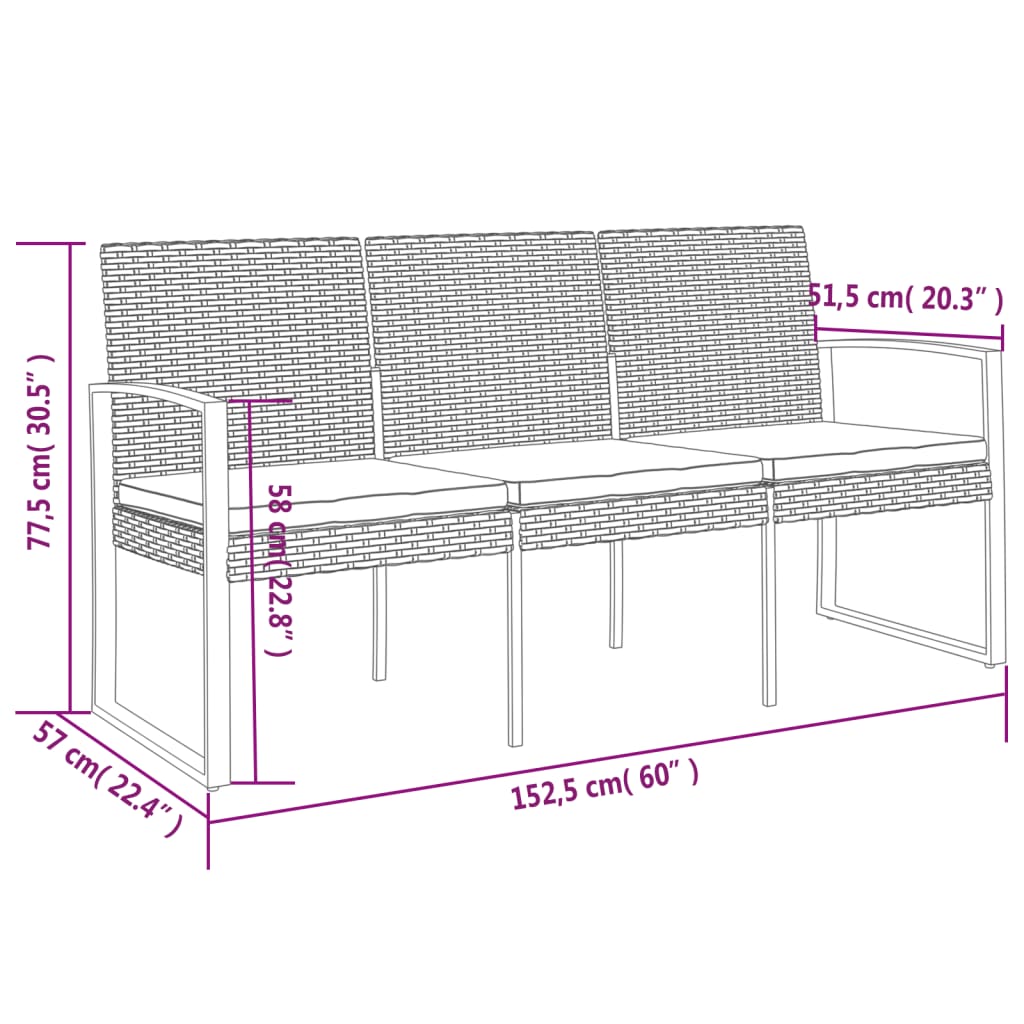 Panca da Giardino a 3 Posti con Cuscini in Rattan PP Nero - homemem39